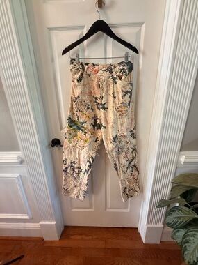 Magnolia Pearl Printed Floral & Bird Distressed Pants - Cream Base